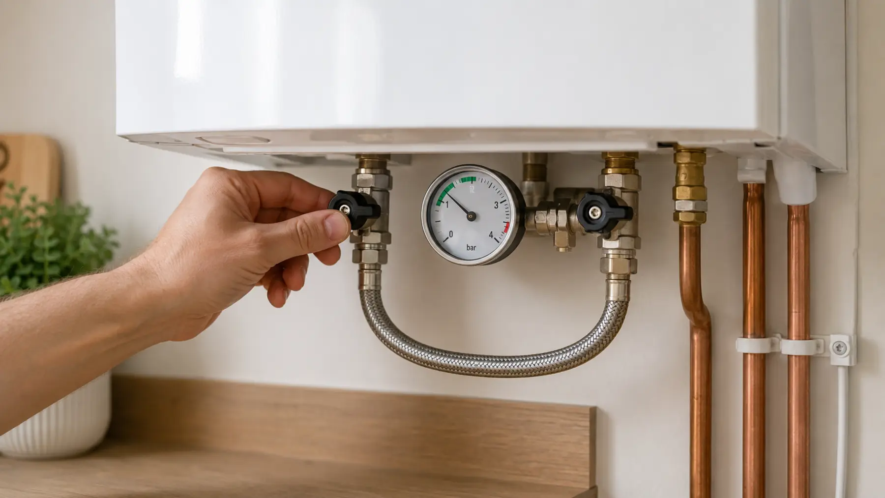 A hand adjusting an external boiler filling loop beside a pressure gauge reading about 1.2 bar