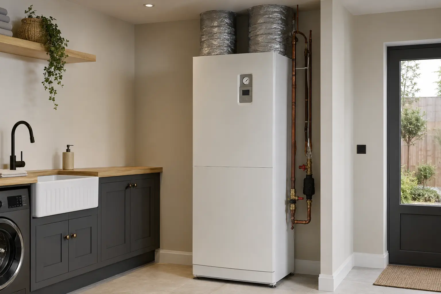 Floor standing exhaust air heat pump with ventilation ducts and neat pipework