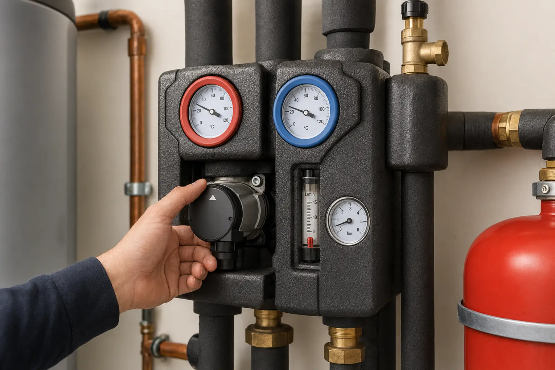 Checking a domestic solar thermal pump station with temperature gauges, flow meter and expansion vessel